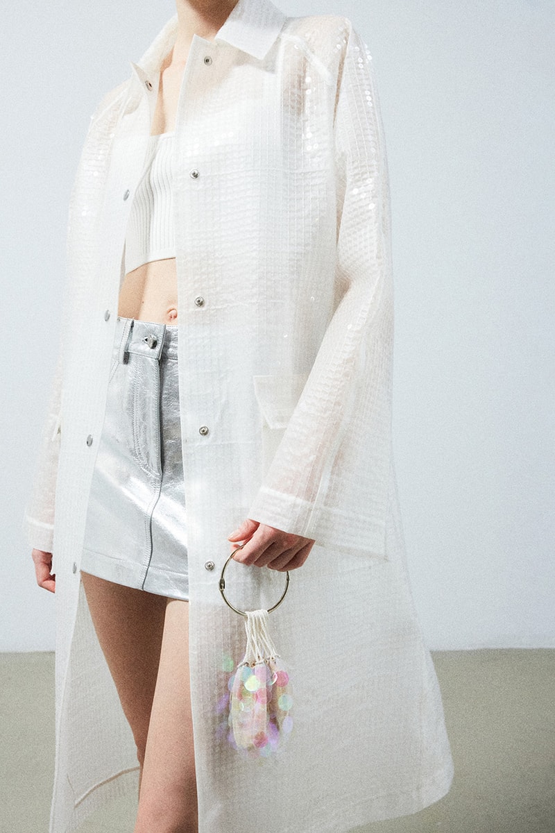 helmut lang pre fall 2022 sequin trench coat mini bag silver mini skirt