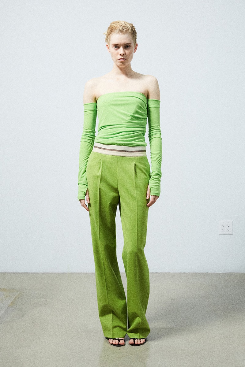 helmut lang pre fall 2022 green off the shoulder long sleeve top green pants