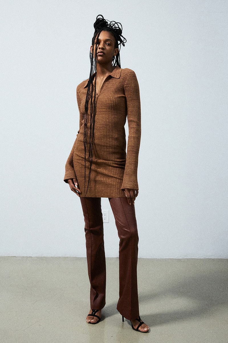 helmut lang pre fall 2022 knit brown long sleeve dress brown leather pants