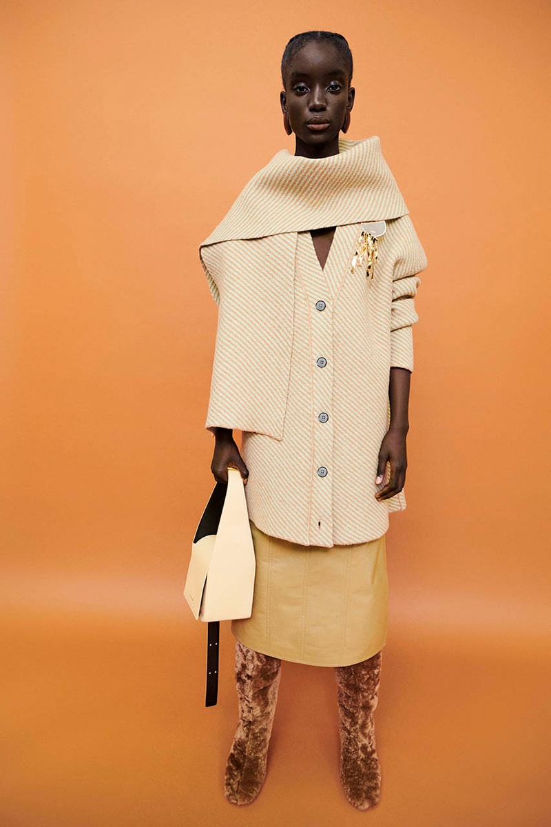 jil sander pre-fall 2022 collection camel knit skirt fur boots