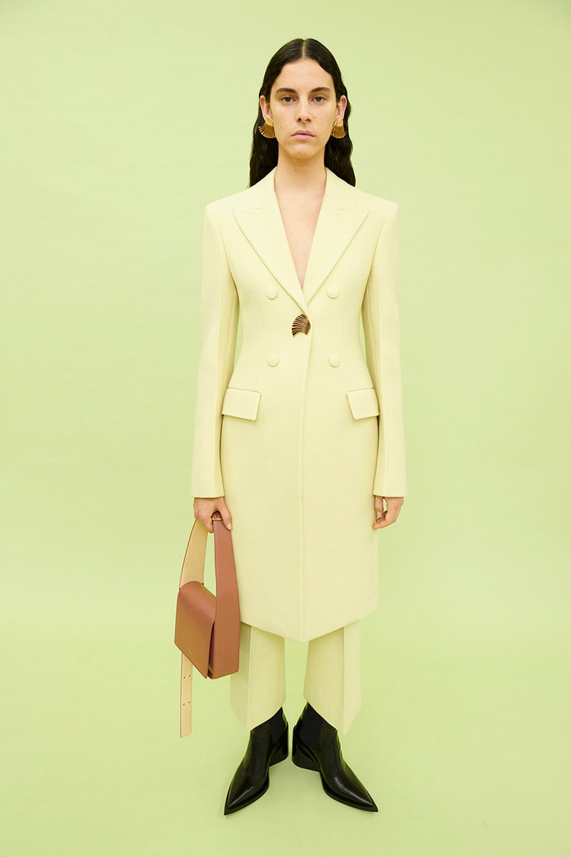 jil sander women's pre-fall 2022 collection matching green skirt suit