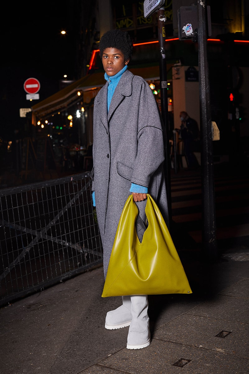 maison margiela avant premiere fall winter 2022 yellow hobo bag grey wool overcoat turquoise turtleneck