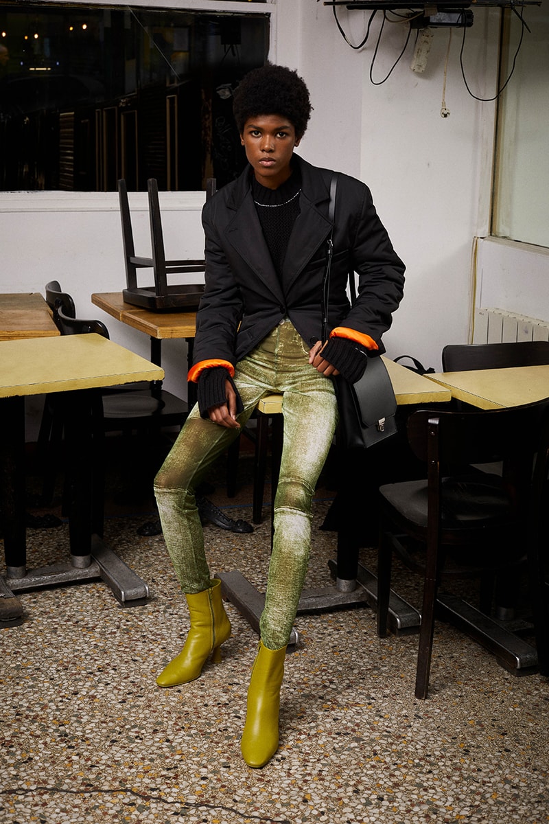 maison margiela avant premiere fall winter 2022 green pants boots black blazer orange cuffs