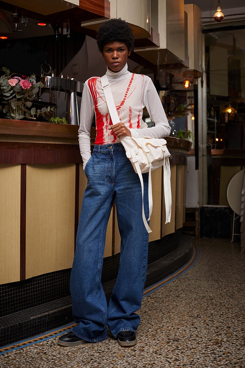 maison margiela avant premiere wide leg denim pants graphic turtle neck cross body