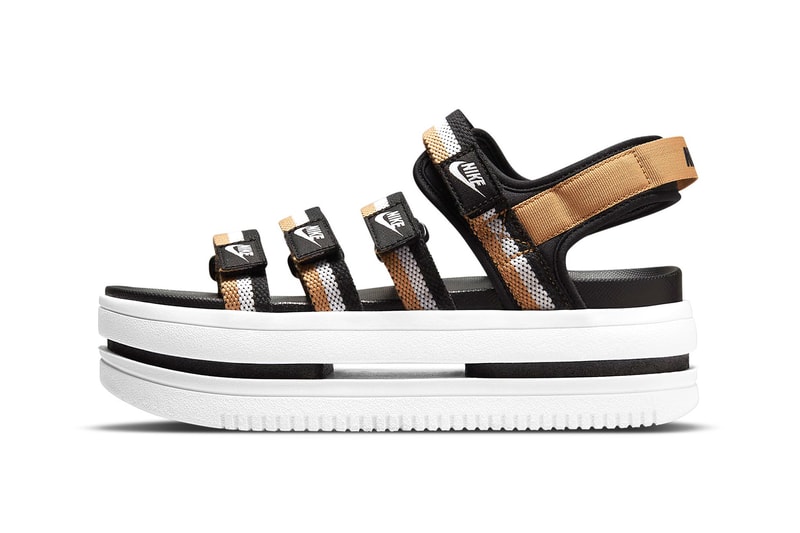 Nike Icon Classic Women Sandals Black Gold White Strappy Product Shot