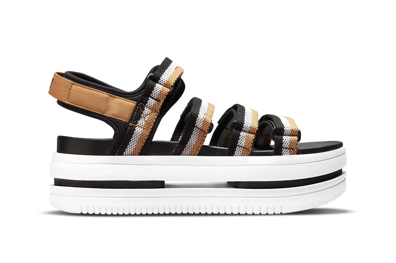 Nike Icon Classic Women Sandals Black Gold White Strappy Medial View
