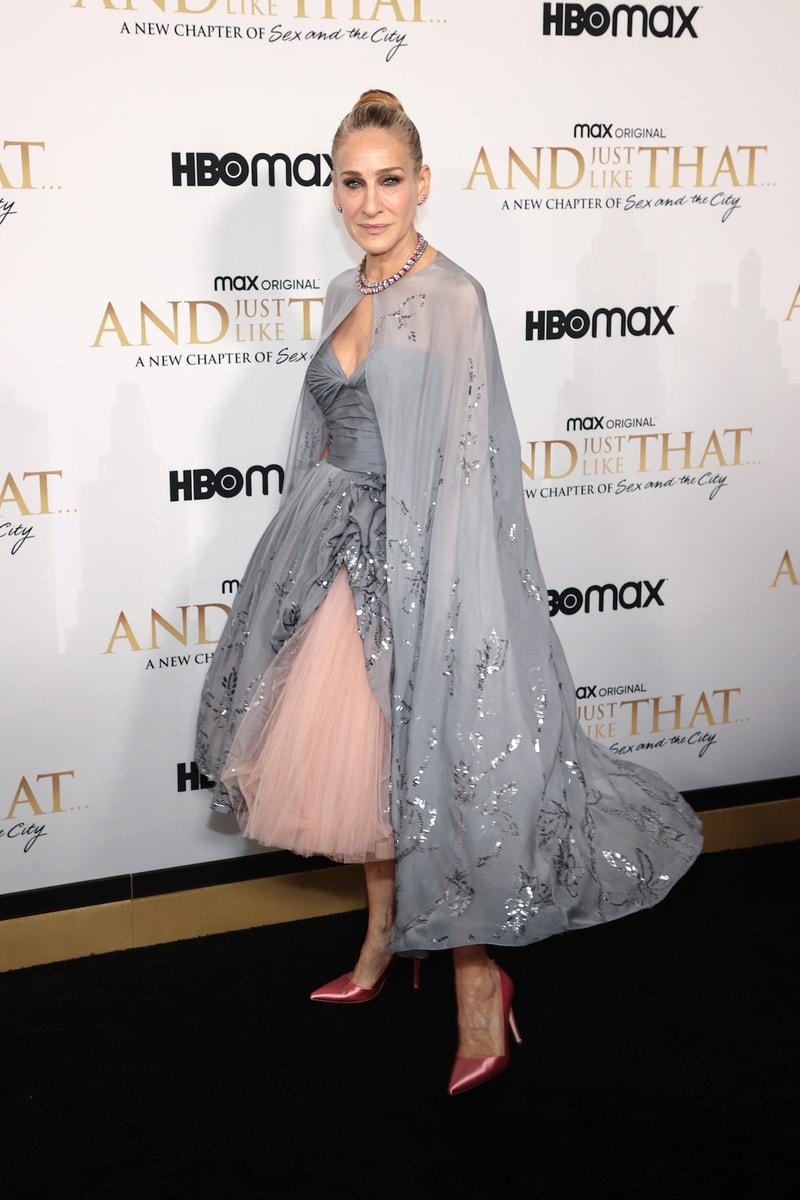 sarah jessica parker sex and the city and just like that premiere hbo max oscar de la renta dress gown sjp shoes heels red carpet