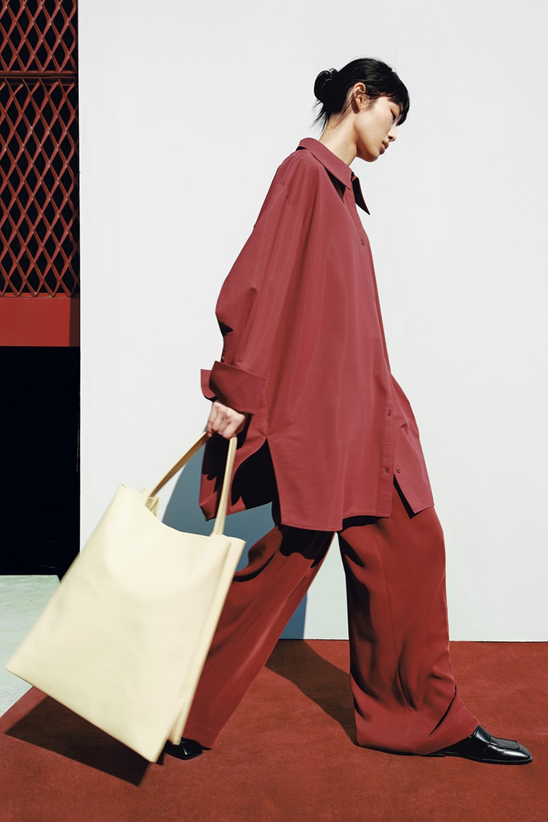 cos lunar new year red button down shirt pants cream tote bag