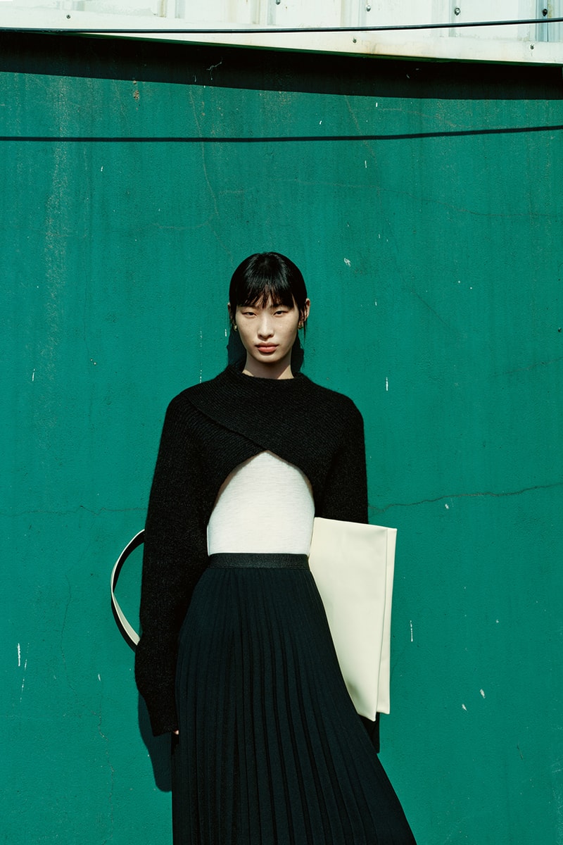 cos lunar new year black bolero sweater pleated skirt cream tote bag