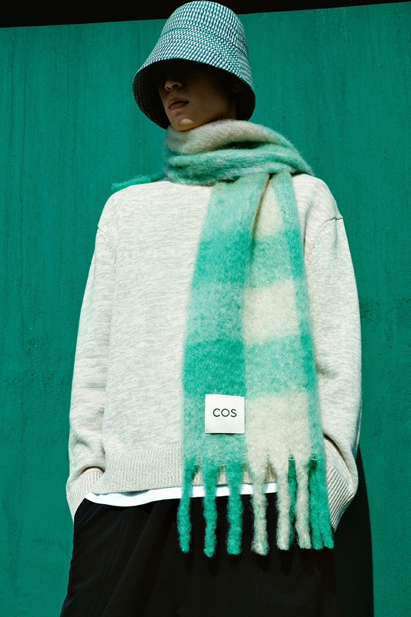 cos lunar new year blue green plaid scarf printed bucket hat