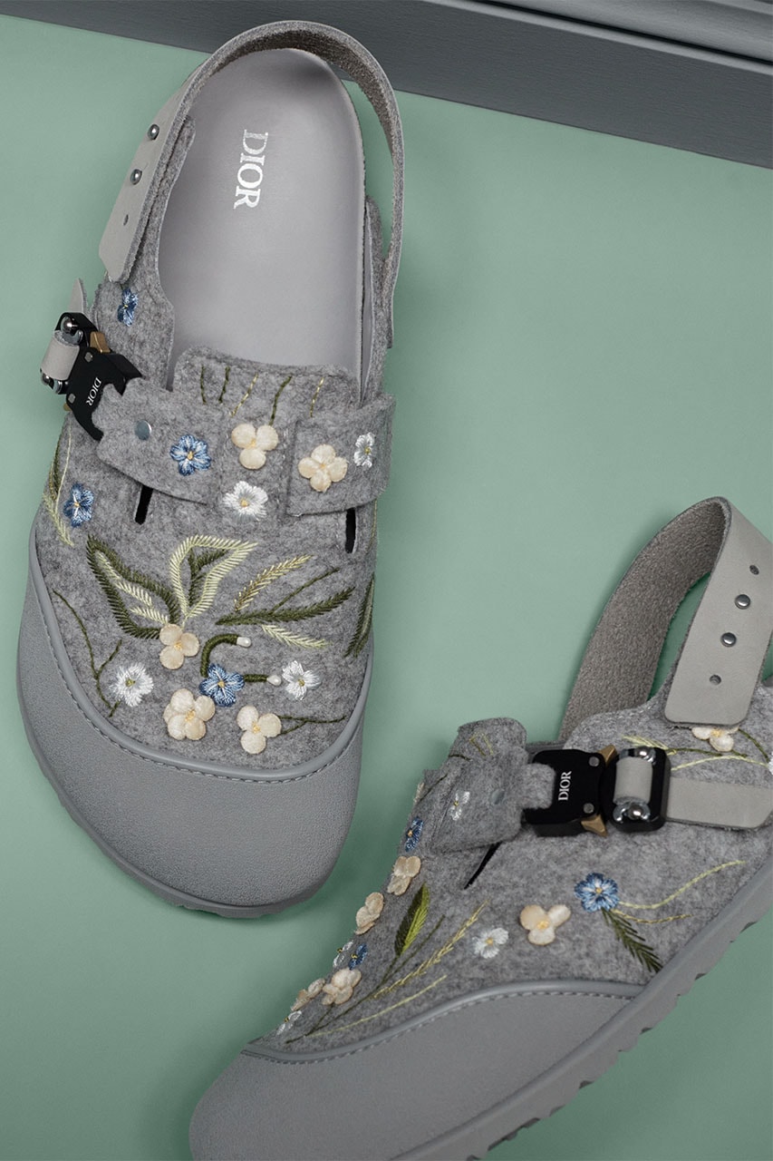 dior men birkenstock thibo denis footwear clogs sandals brown beige cream gray grey embroidery floral neutral tan