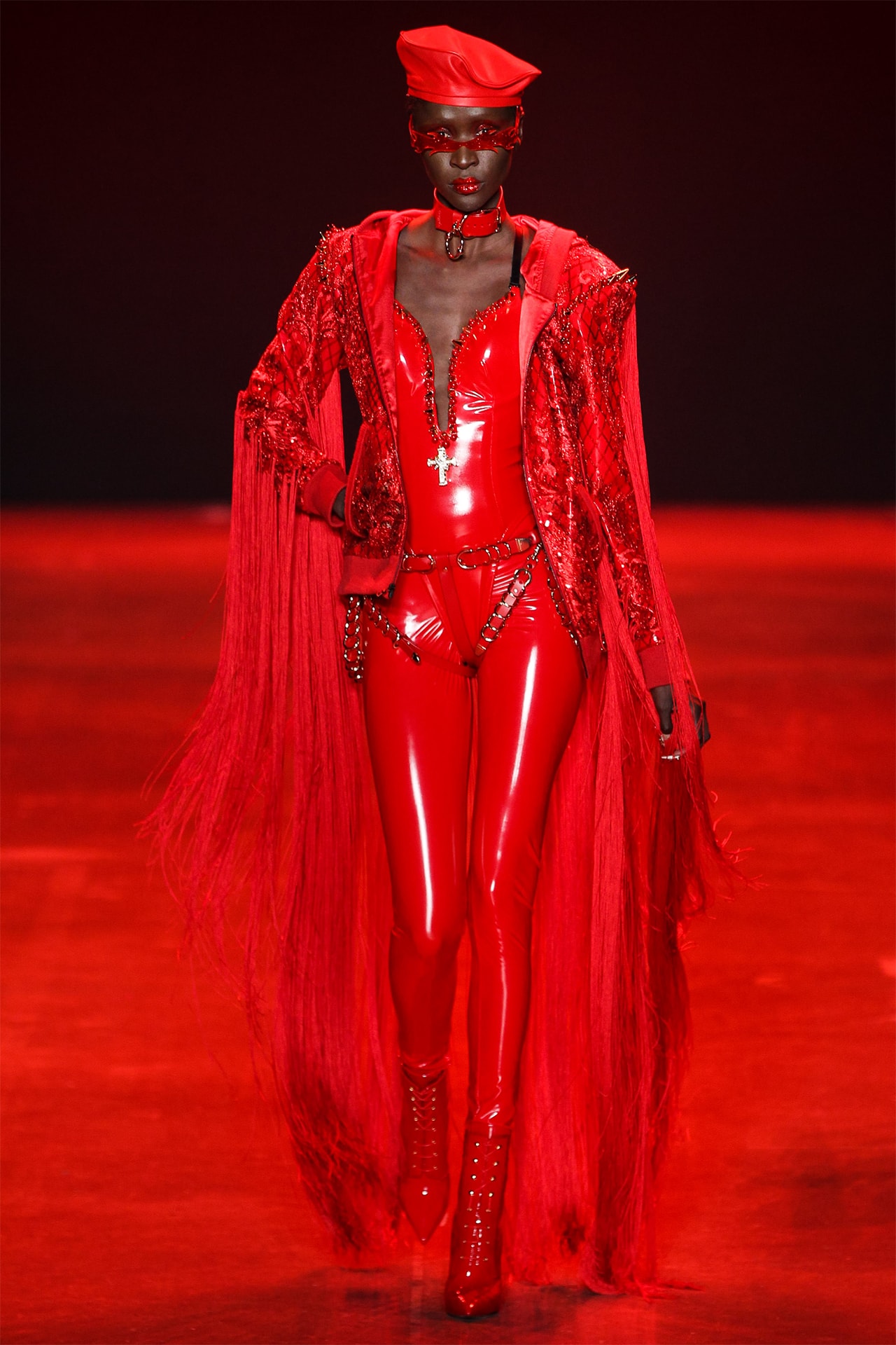 The Blonds Fall Winter NYFW New York Fashion Week 2018 Red Latex Fringed Look
