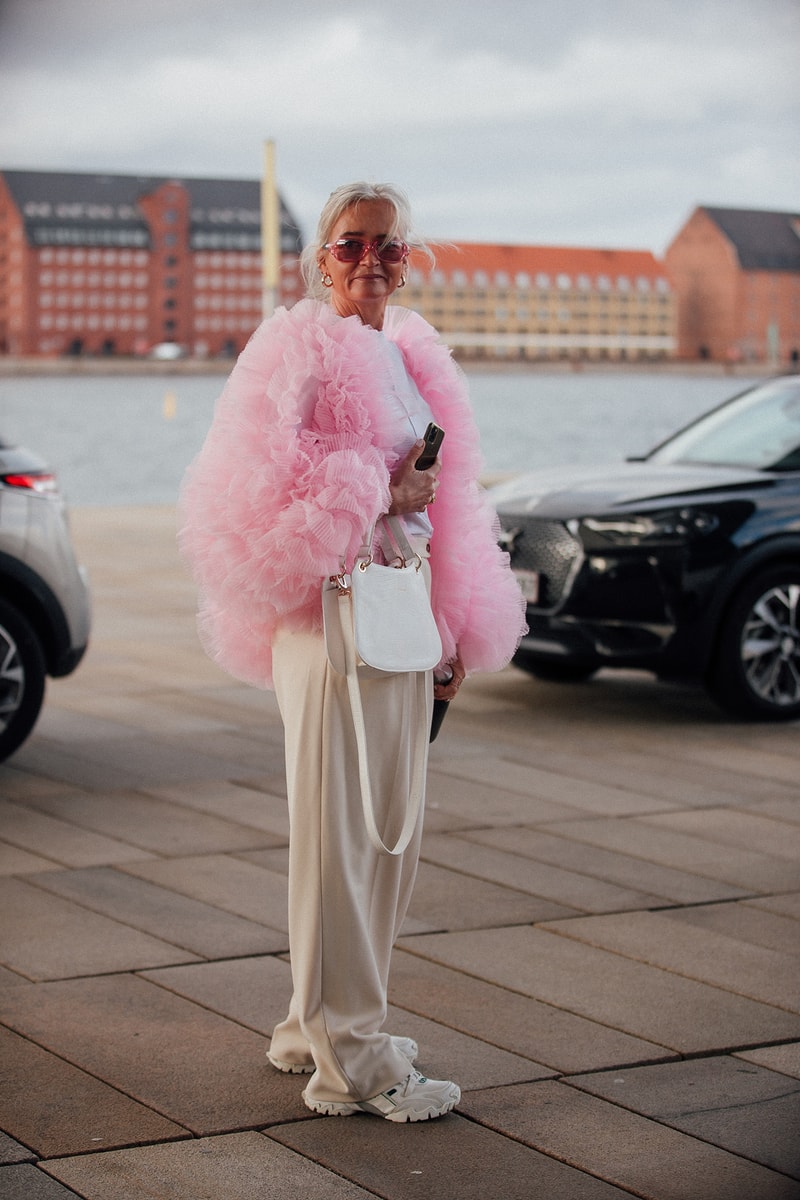 Copenhagen Fashion Week FW22 Fall Winter 2022 Street Style Influencer Pink Ruffle Jacket Sneakers