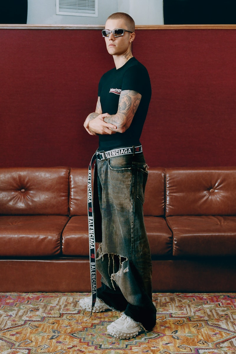 Justin Bieber Balenciaga Campaign Tee  Destroyed Super Large Baggy Jeans  Defender Sneaker  D Ring Belt  Boxer Brief