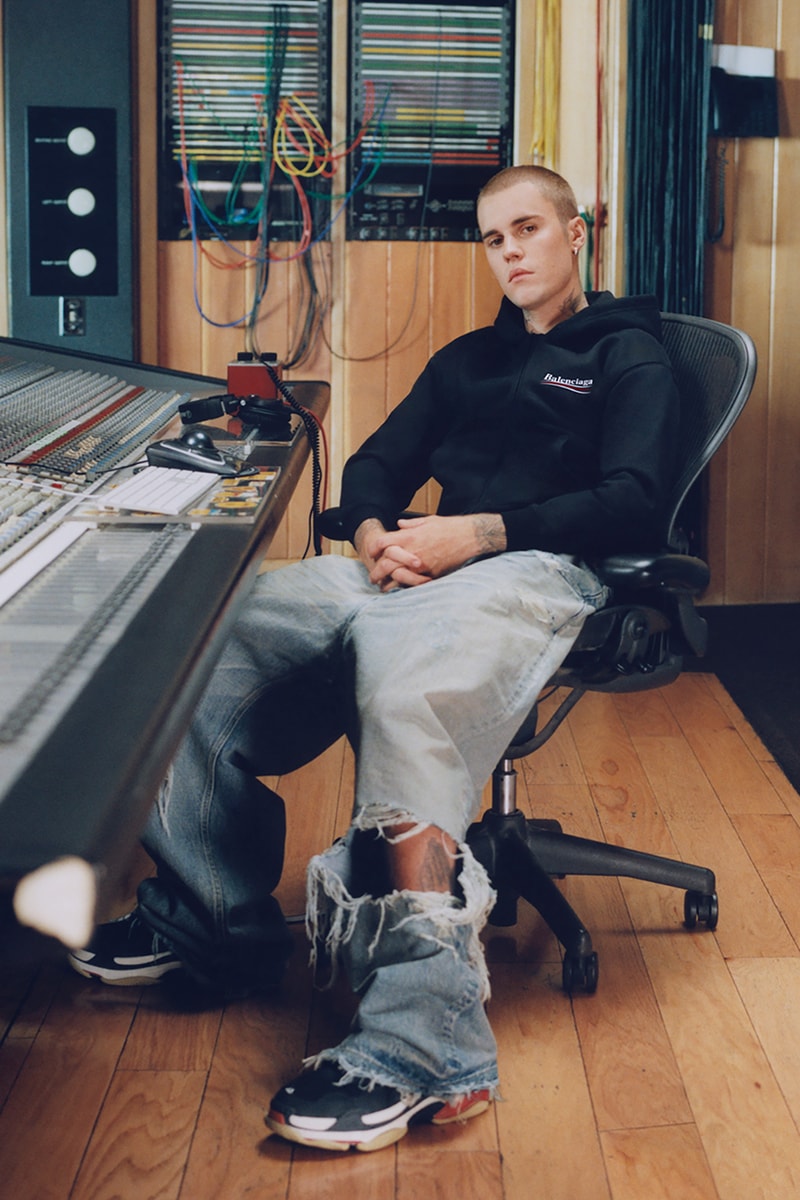 Justin Bieber Balenciaga Campaign Shrunk Zip Up Hoodie  Destroyed Super Large Baggy Jeans  Triple S Sneaker  D Ring Belt  Boxer Brief