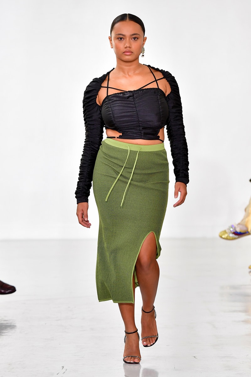 Ester Manas Fall Winter Collection Size Inclusivity Cut-Outs Fashion Week Runway Show Photos Black Bustier Top Striped Dress