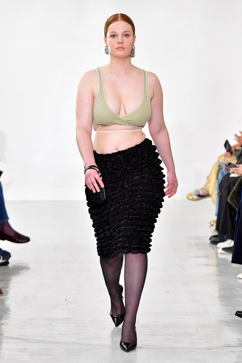 Ester Manas Fall Winter Collection Size Inclusivity Cut-Outs Fashion Week Runway Show Photos Ruffled Dress Bra Top Green Black