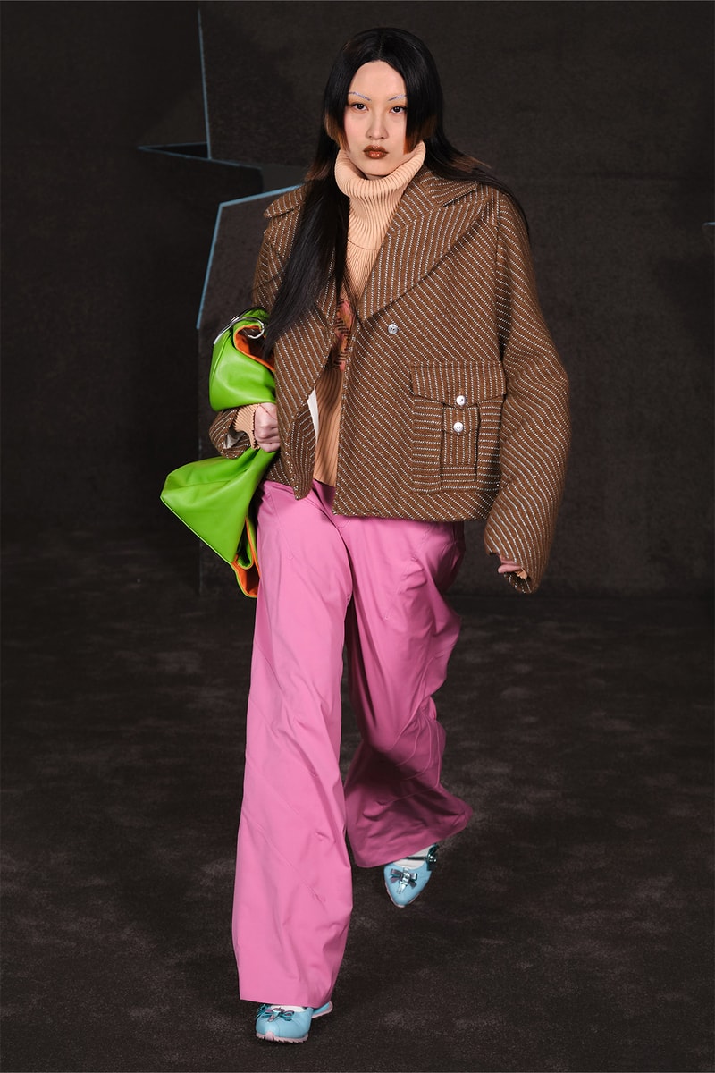 Kiko Kostadinov Fall Winter Collection Paris Fashion Week Runway Show Photos Wide Lapel Jacket Trousers Brown Pink