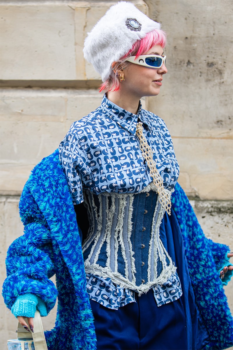 paris fashion week street style fall winter louis vuitton chanel corset shirt beaded tie blue