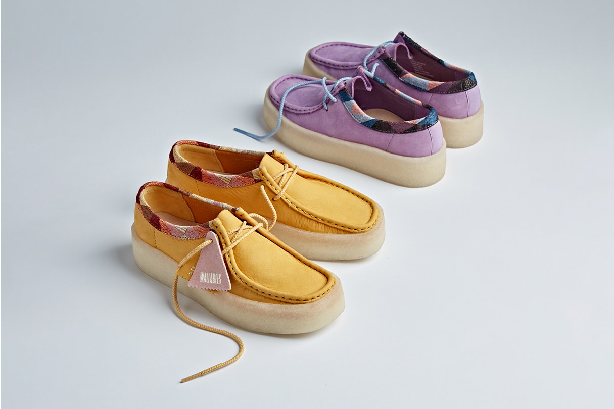 clarks originals secret garden collection wallabee boot wallabee cup moccasin yellow purple cow print pink summer shoes styles silhouettes classic new release