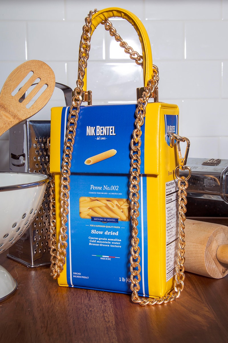 Nik Bental Studio Pasta Bag Barilla Penne Box Chain Handle Strap 