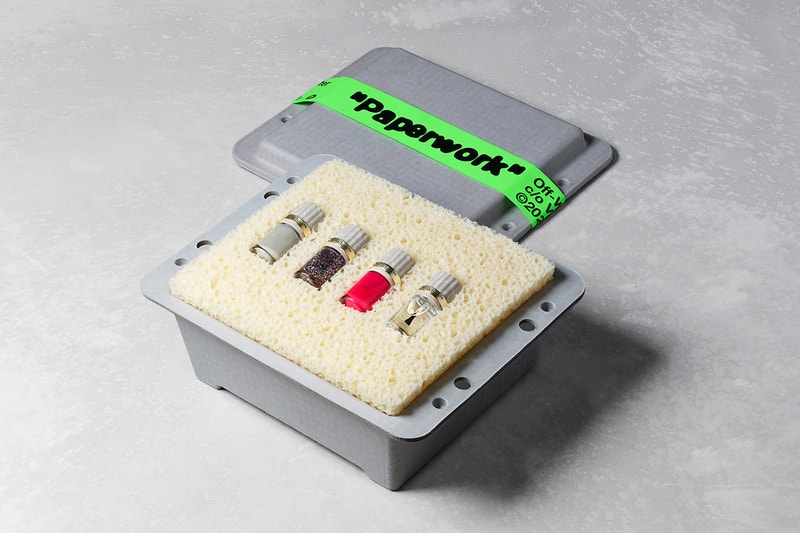 Off-white "Paperwork" boxes nail polishes