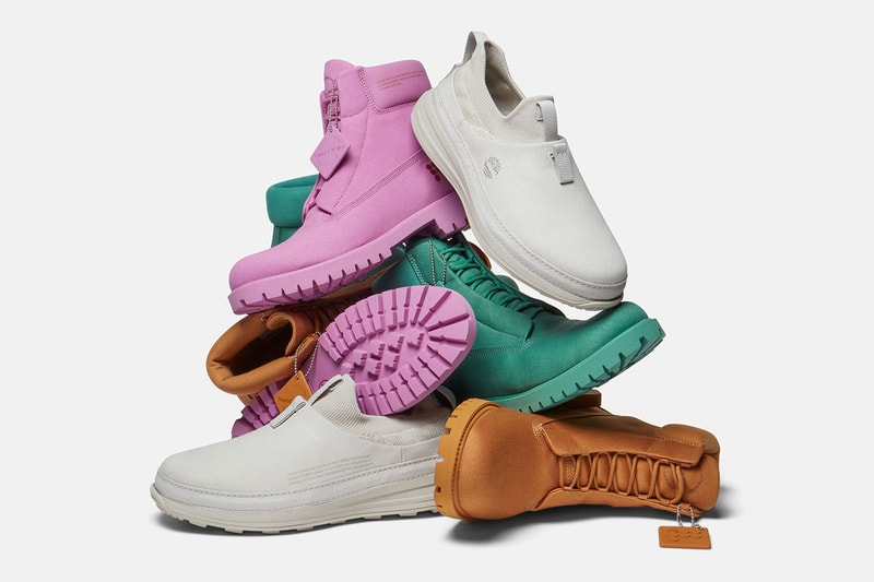 timberland pangaia footwear six inch boot slip on mule footwear capsule pink green