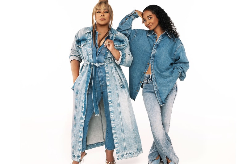 tlc 90s girl group good american campaign denim puffer jacket leather