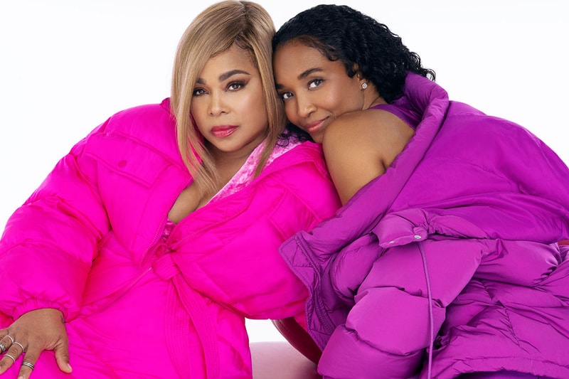 tlc 90s girl group good american campaign denim puffer jacket leather