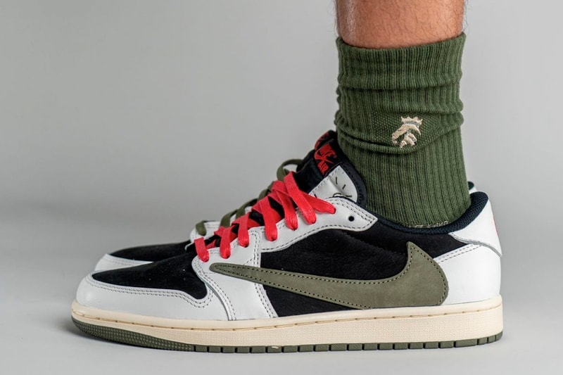 travis scott air jordan 1 low og wmns olive on foot look release info dz4137-106