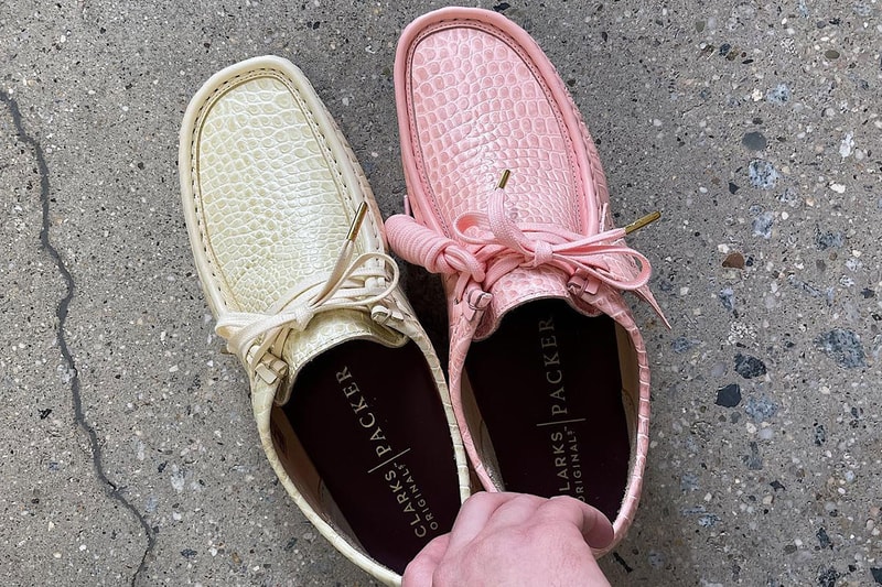 packer clarks wallabee boot snakeskin pink cream gold