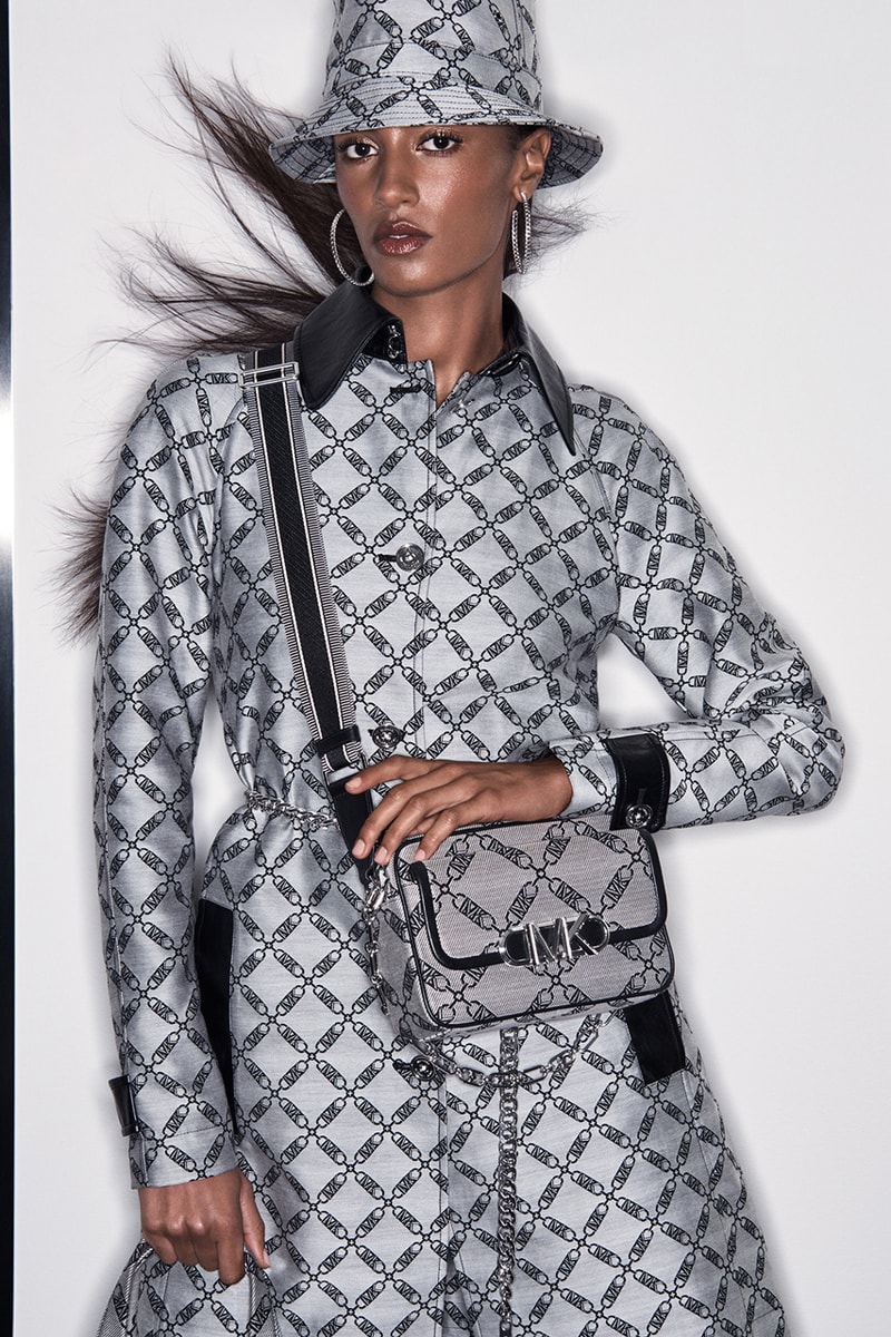 Michael Kors Monogram Print Jacquard Capsule collection summer bike empire logo grey sliders