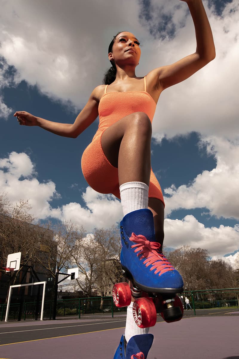 hunza g crinkle fabric playsuits bodysuits strappy tops roller disco rollerskates