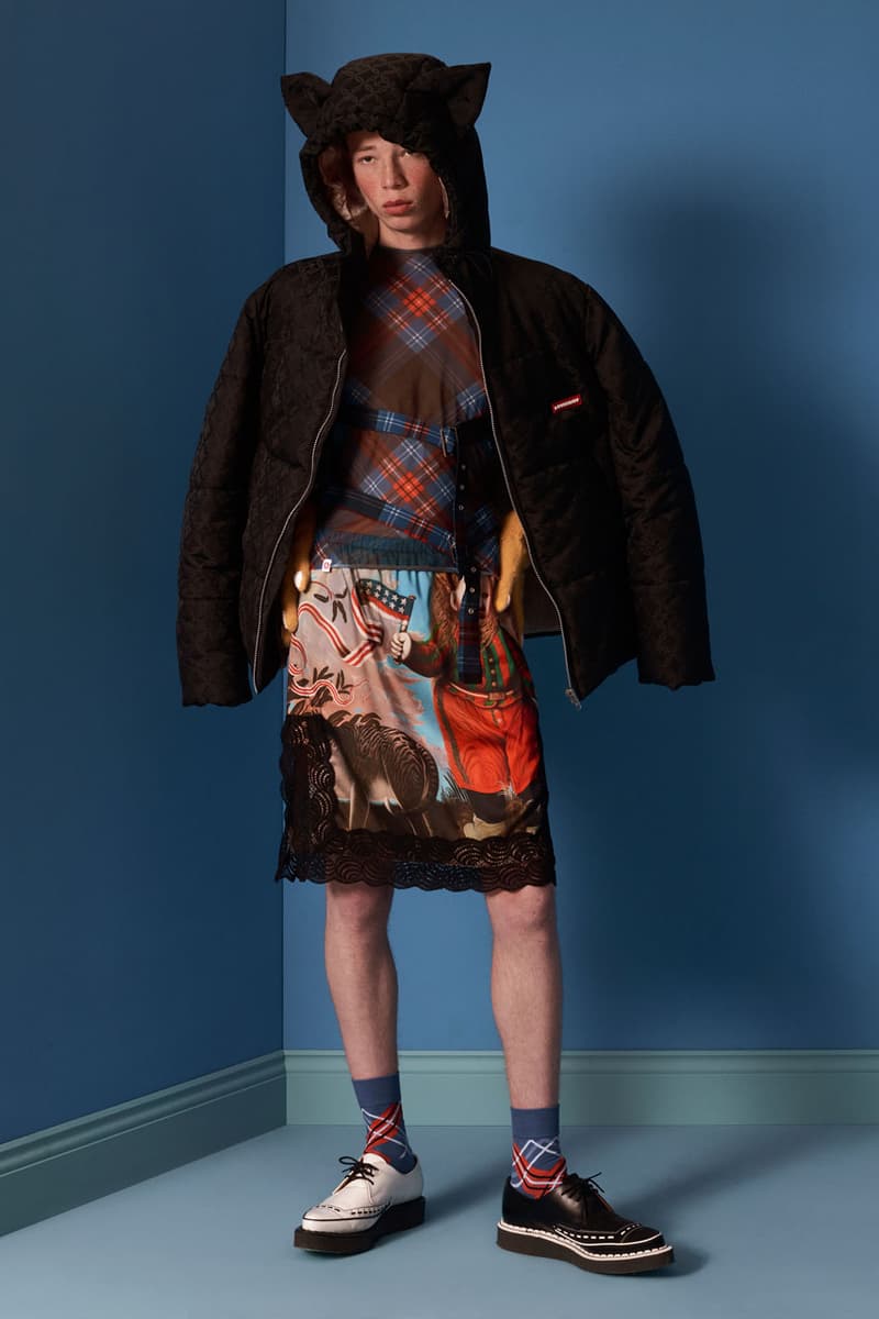 charles jeffrey loverboy autumn winter 2023 milan fashion week the engine room jackets skirts kilts dresses sweaters beanies balaclavas