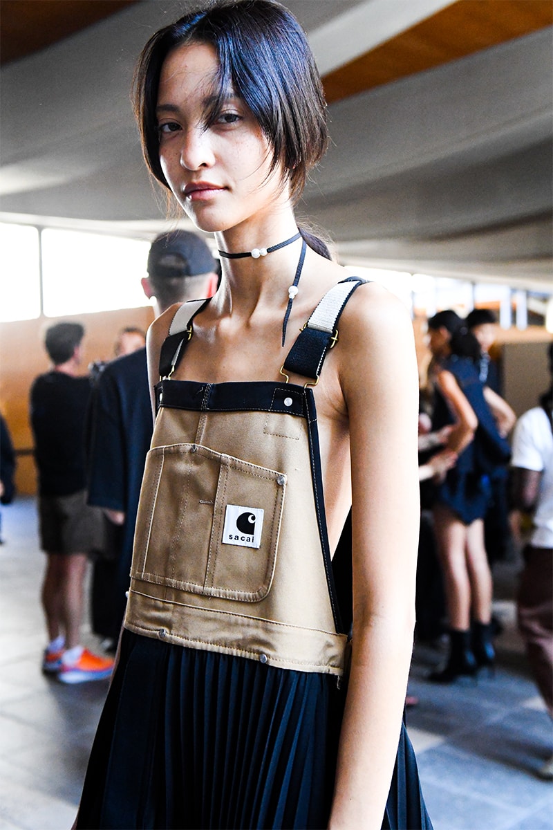 sacai x carhartt apron flared pleated overall dress Sacai x Carhartt pleated maxi dress Sacai