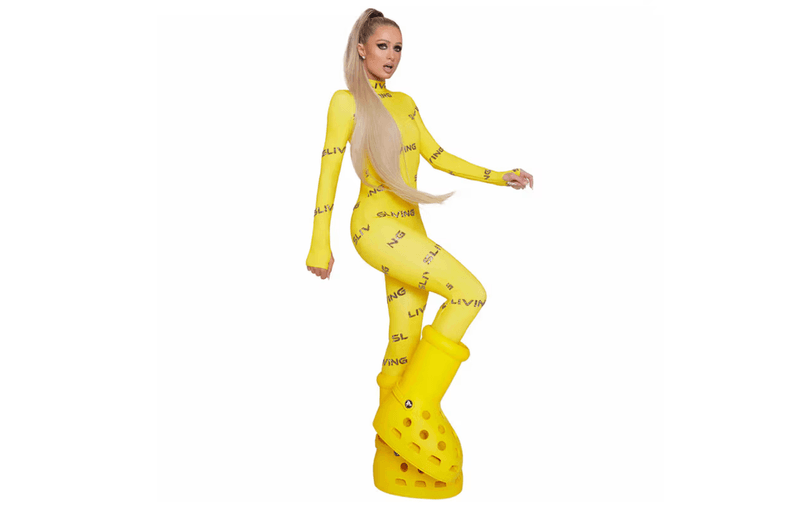 mschf crocs big yellow boots paris hilton bodysuit
