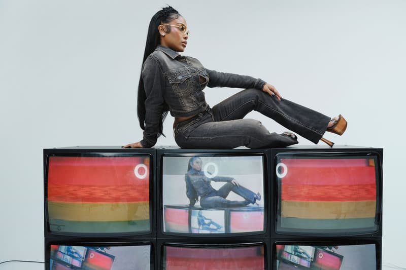 true religion true baddie campaign collection jayda cheaves jayda wayda early 2000s y2k pieces denim brand jeans low rise edgy skirts vest set green baggy bootcut flare activewear hoodies joggers