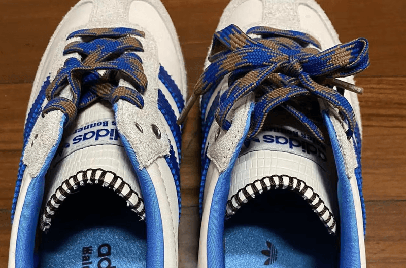 wales bonner adidas samba sneaker shoe beige brown blue laces