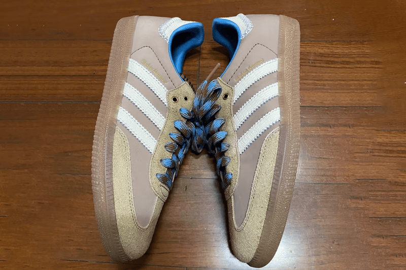 wales bonner adidas samba sneaker shoe beige brown blue laces