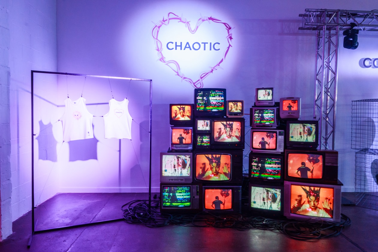 tinder chet lo capsule collection launch party art installation set display leomie anderson sugababes dj qendresa jjocewavy no'ones type choatic t-shirts 