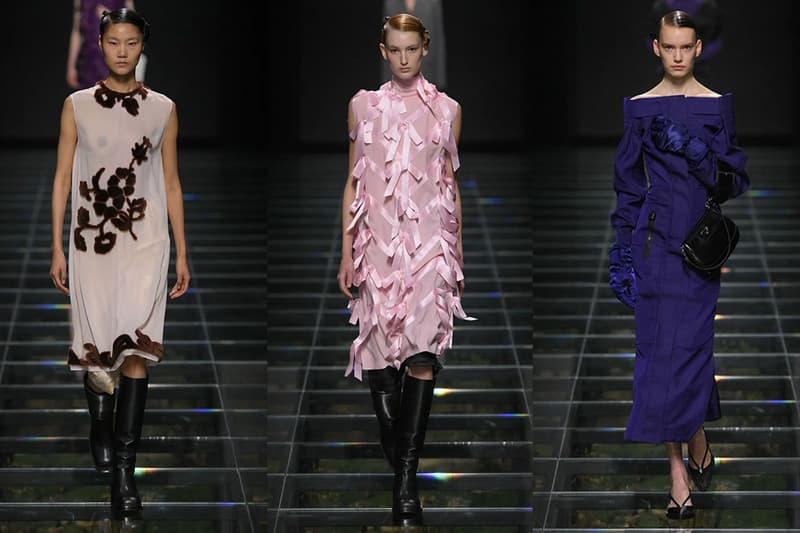 prada fall winter runway milan feathers bows dresses hats