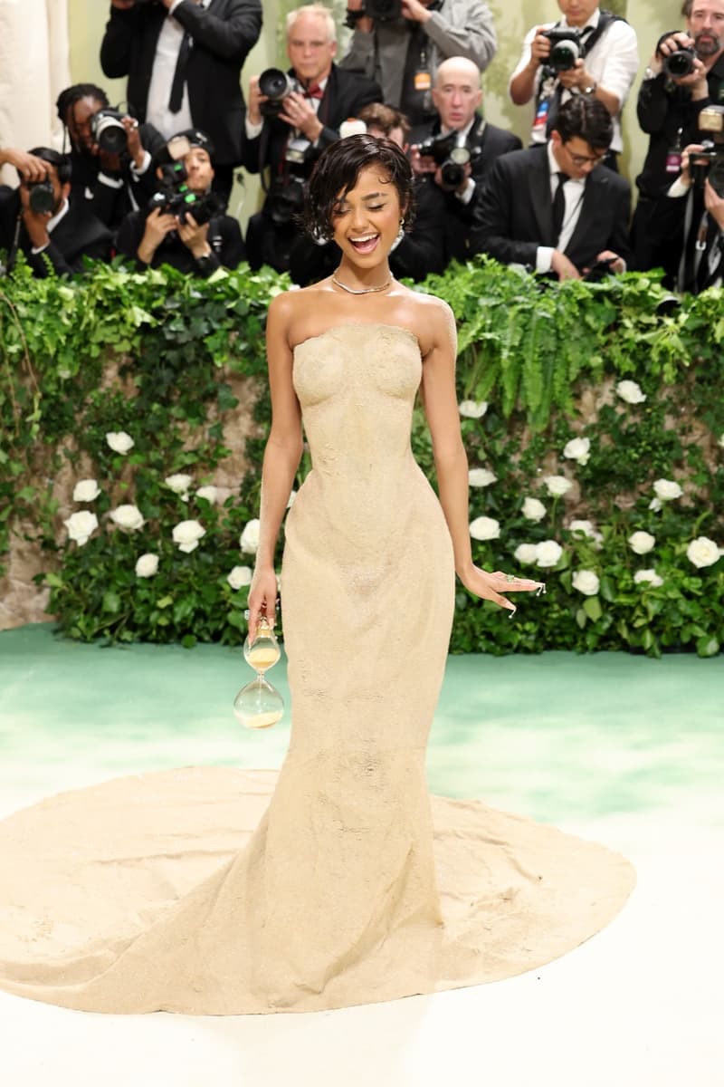 tyla met gala red carpet sand dress body woman balmain