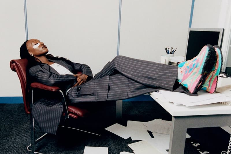 off white woman office sneakers pink blue suit eye masks laptop 