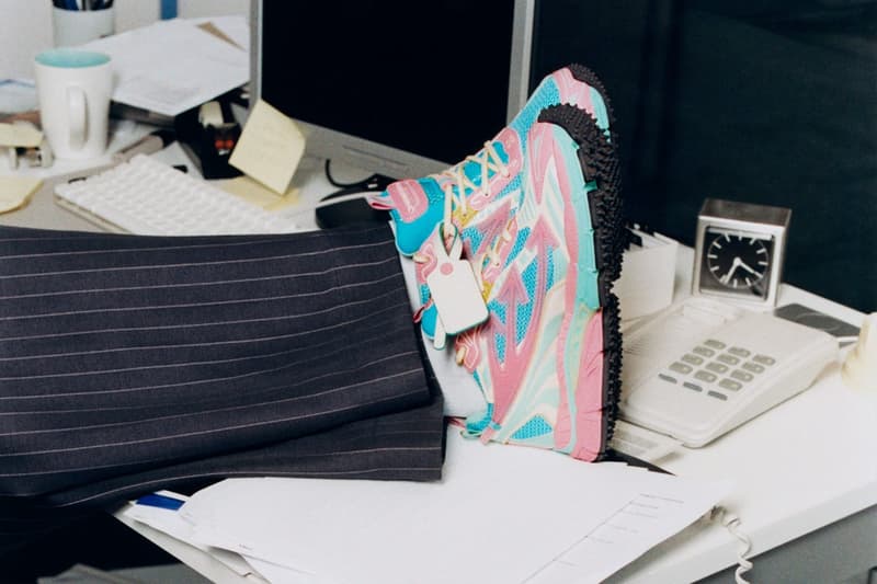 off white woman office sneakers pink blue suit eye masks laptop 