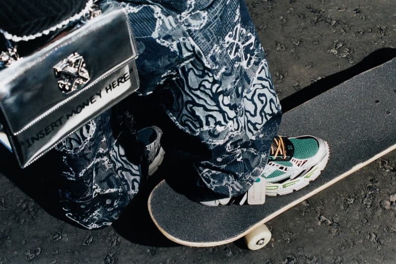 off white woman office sneakers pink blue suit eye masks laptop 