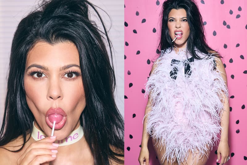 lemme kourtney kardashian lollipop laying down woman red latex dress