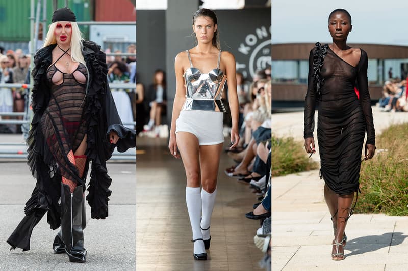 copenhagen fashion drag queen sheer fabric women runway models swimsuit latex balloons boobs plush toys