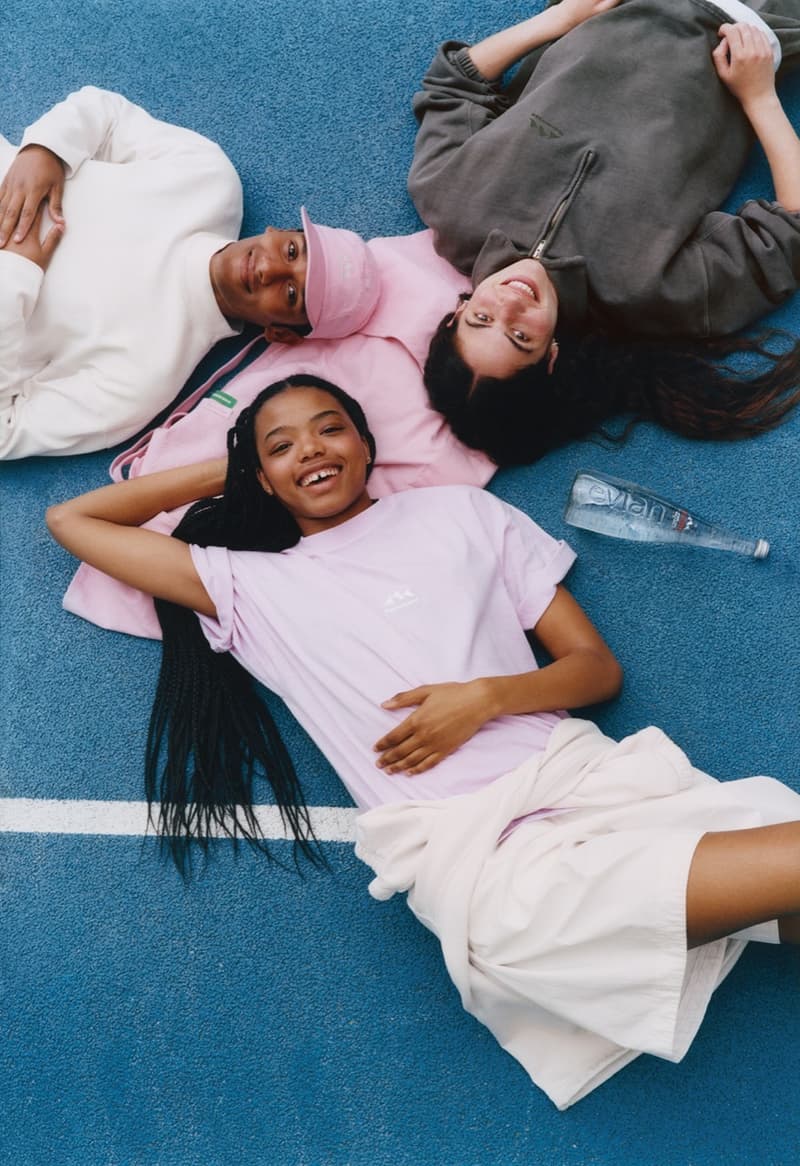 evian water bottle glass pharrell williams tennis caps bags shorts people pink beige blue