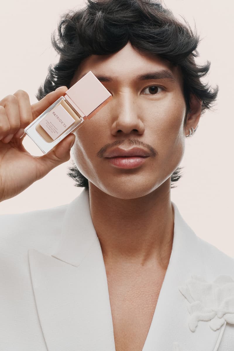 Patrick Ta portrait, new foundation bottles stacked, makeup, skincare