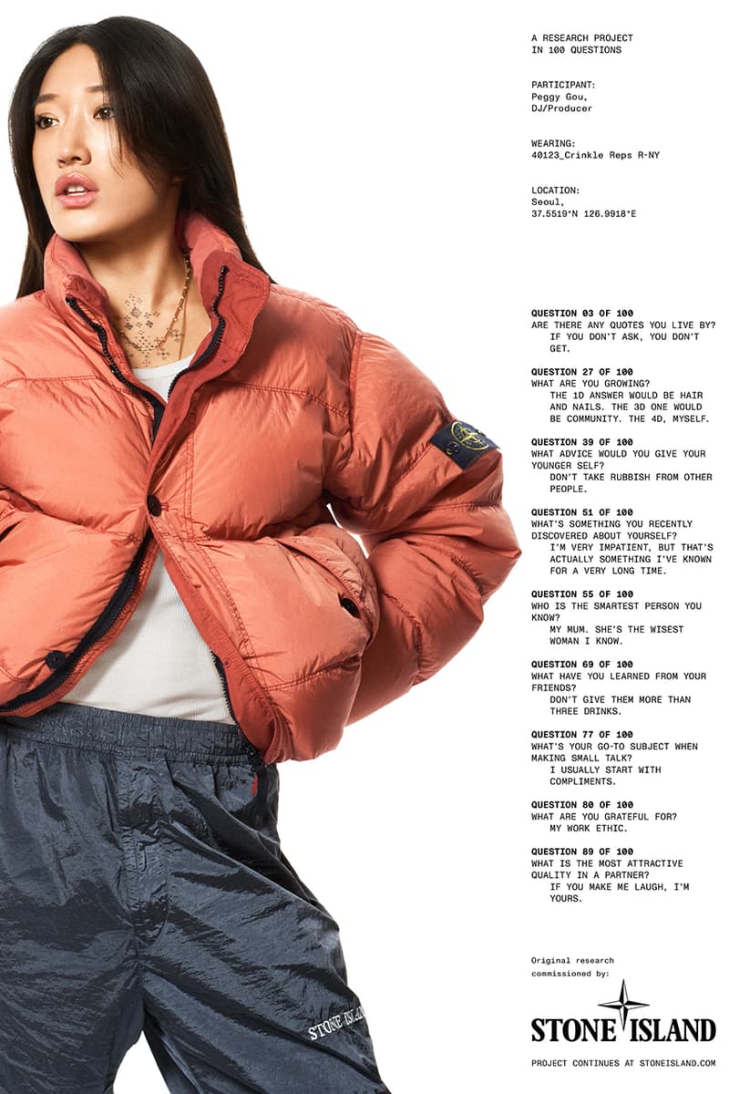 Peggy gou artist dj woman puffer jacket peach track pants stone island